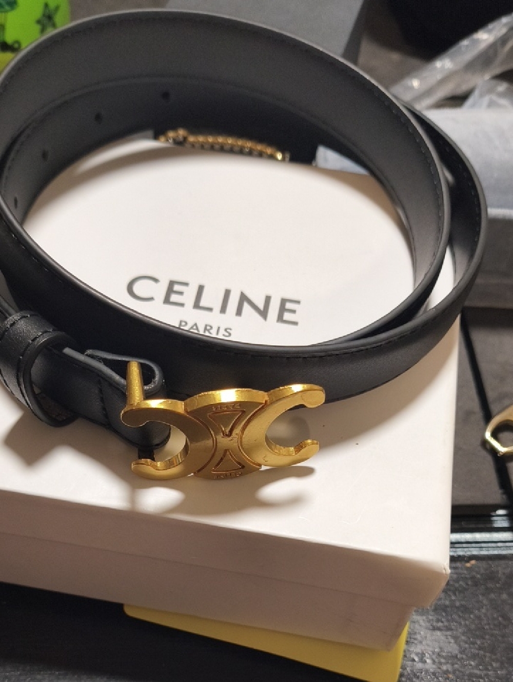Statement  Black Leather Belt with Gold CelineTriomphe Buckle M - L Fit